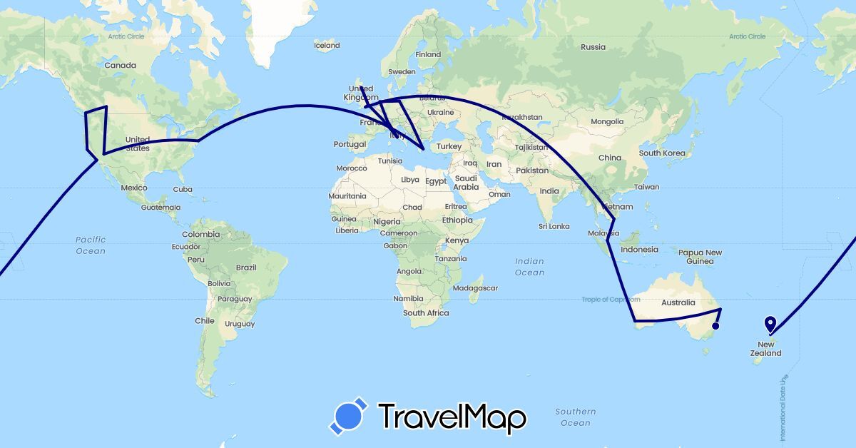 TravelMap itinerary: driving in Australia, Canada, Switzerland, Germany, United Kingdom, Greece, Italy, Netherlands, New Zealand, Singapore, United States, Vietnam (Asia, Europe, North America, Oceania)